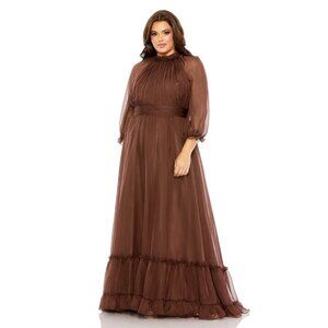 NWT Mac Duggal High Neck Puff Sleeve Tiered A Line Gown Chocolate 16W